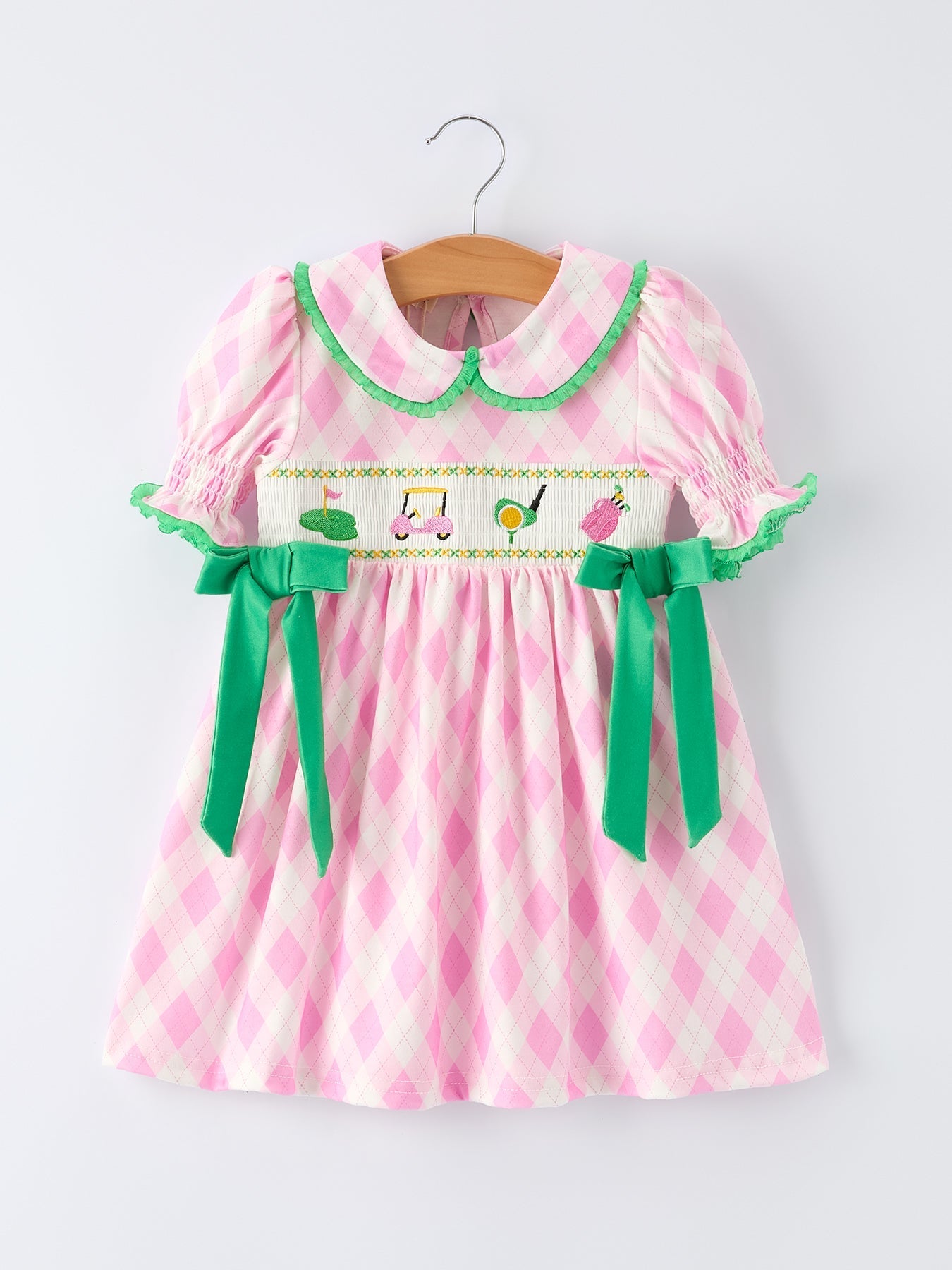 Spring Golf Embroidered Girls Smocked Bow Dress - Abbies Place