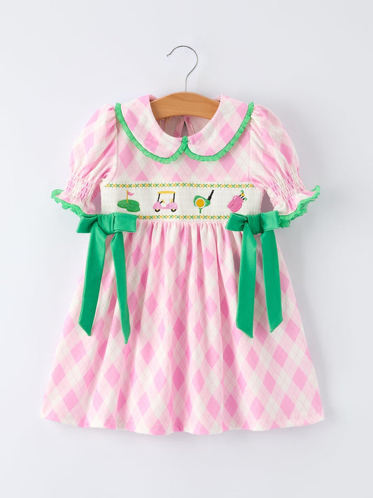 Spring Golf Embroidered Girls Smocked Bow Dress - Abbies Place