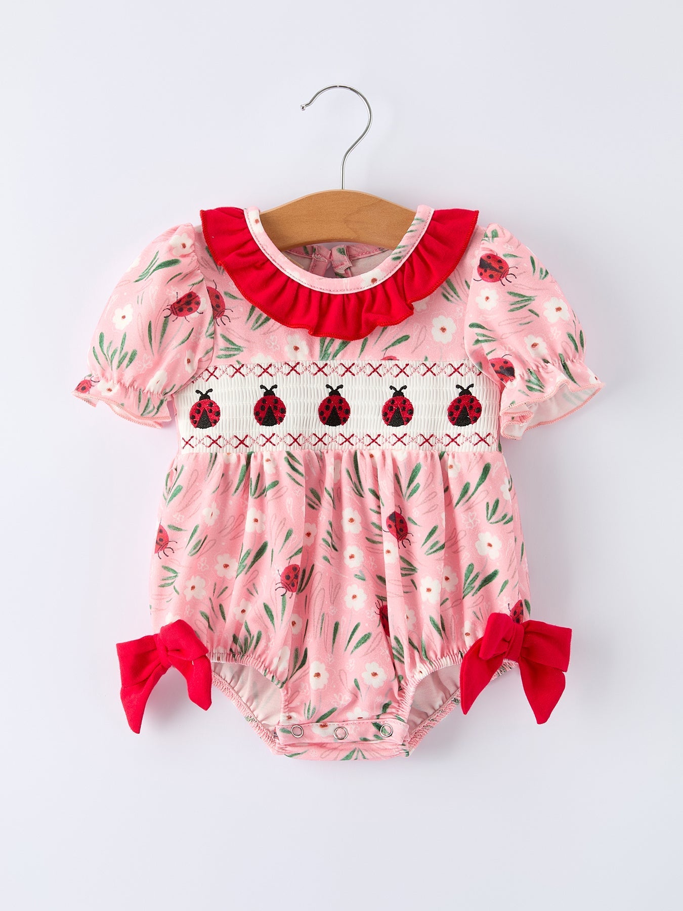 Spring Ladybug Smocked Embroidered Baby Girls Romper - Abbies Place