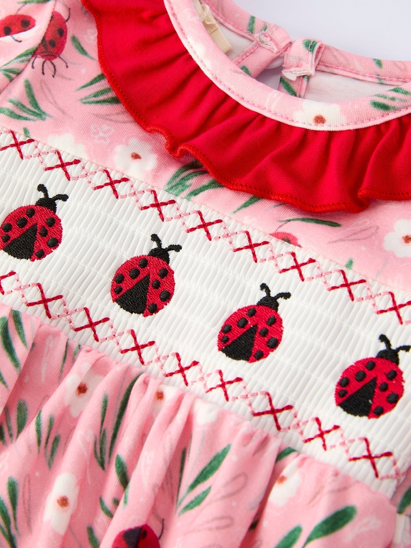 Spring Ladybug Smocked Embroidered Baby Girls Romper - Abbies Place