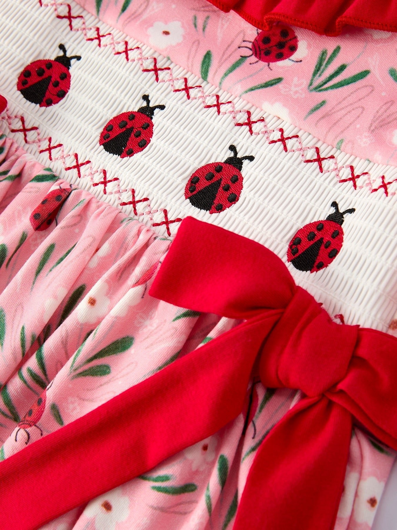 Spring Ladybug Smocked Embroidered Girls Dress - Abbies Place