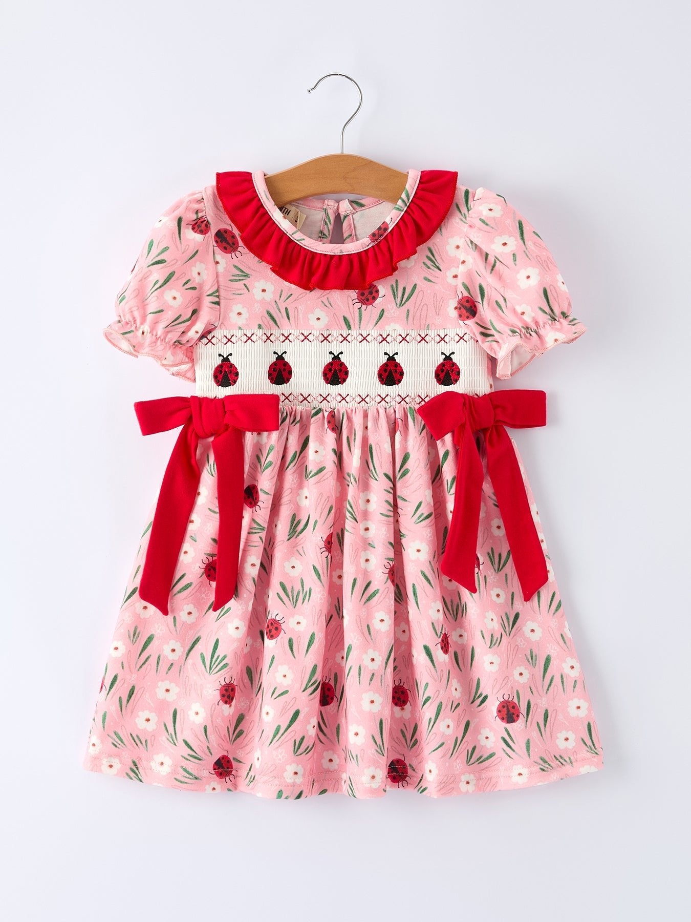 Spring Ladybug Smocked Embroidered Girls Dress - Abbies Place