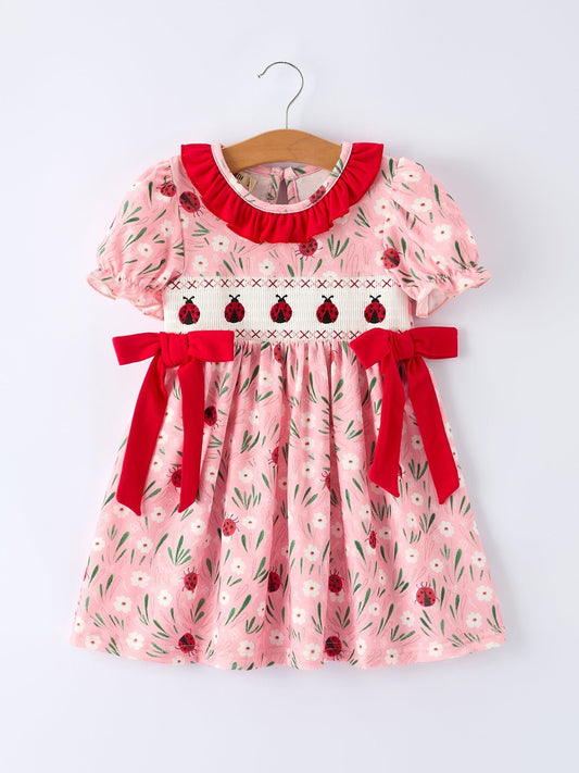 Spring Ladybug Smocked Embroidered Girls Dress - Abbies Place