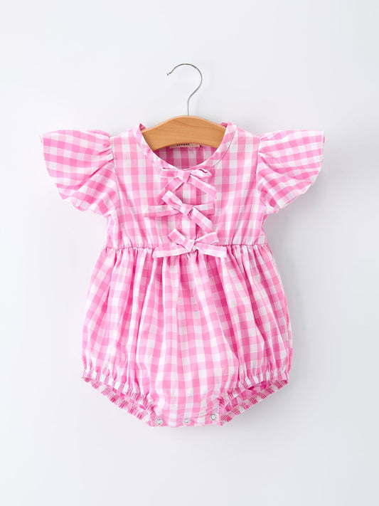 Spring Plaid Baby Girls Romper Bow Flutter Sleeve - Abbies Place