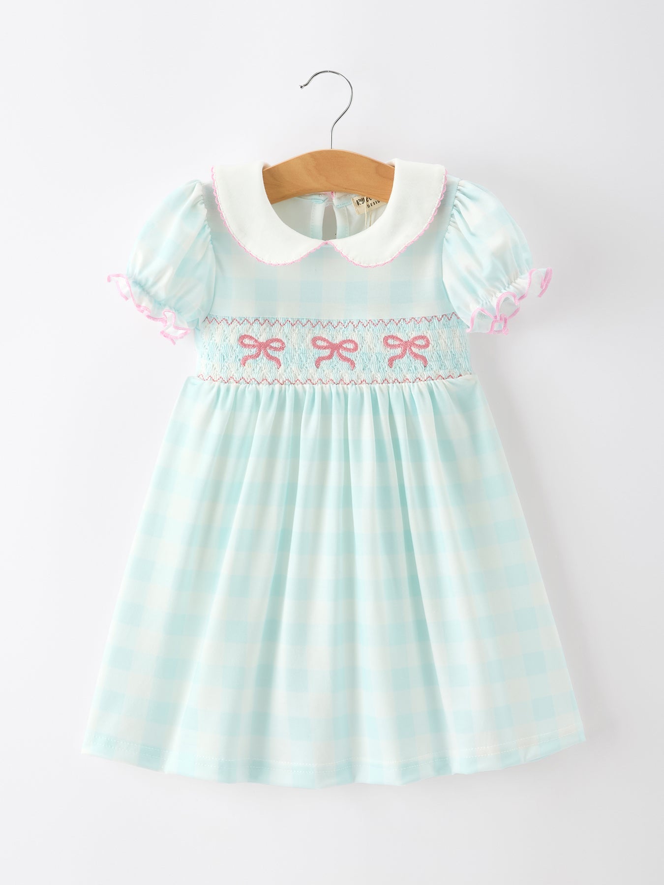 Spring Plaid Bow Girls Dress Smocked Petals Collar Puff Sleeve - Abbies Place