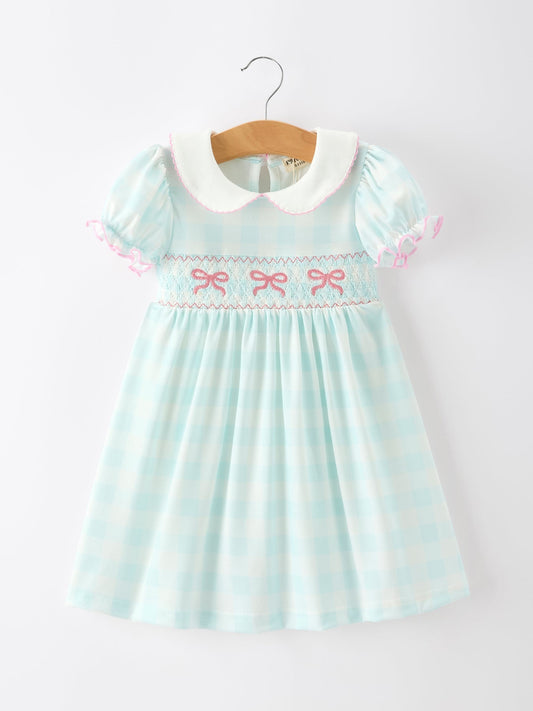 Spring Plaid Bow Girls Dress Smocked Petals Collar Puff Sleeve - Abbies Place