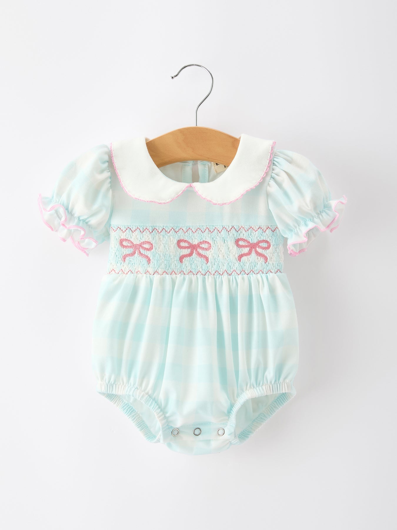 Spring Plaid Bow Girls Romper Smocked Petals Collar Puff Sleeve - Abbies Place