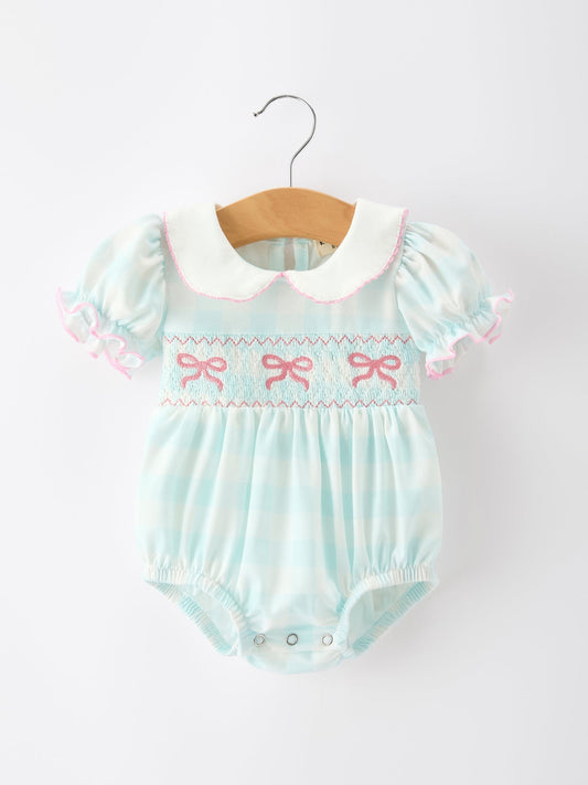 Spring Plaid Bow Girls Romper Smocked Petals Collar Puff Sleeve - Abbies Place