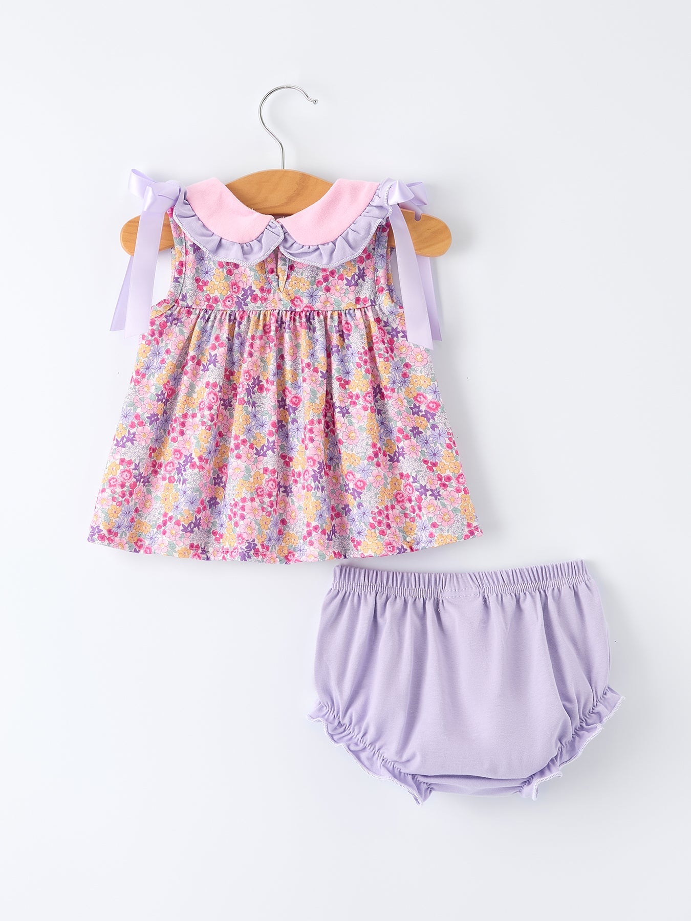 Spring Purple Floral Bow Ruffle Girl Bloomer Set - Abbies Place