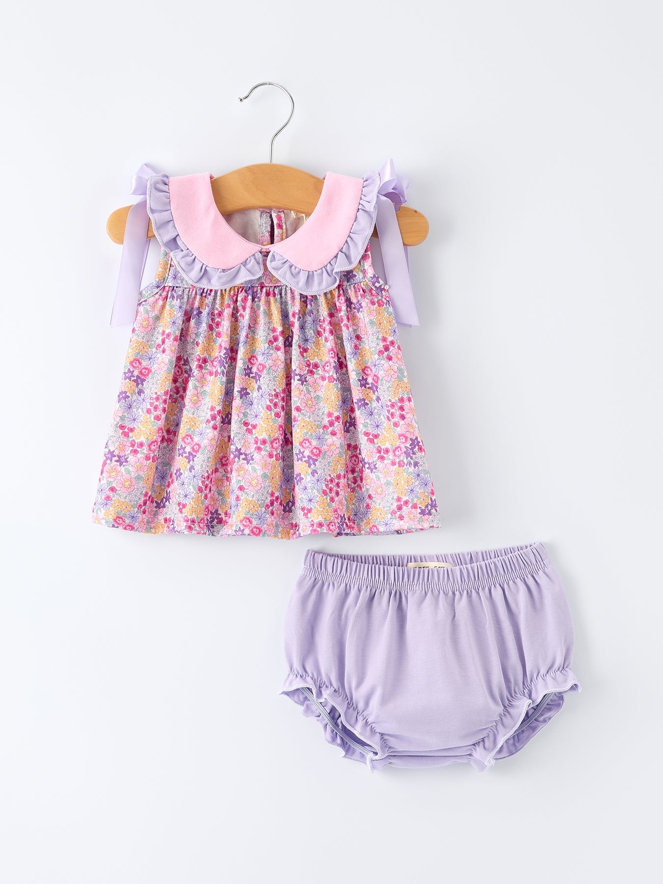 Spring Purple Floral Bow Ruffle Girl Bloomer Set - Abbies Place