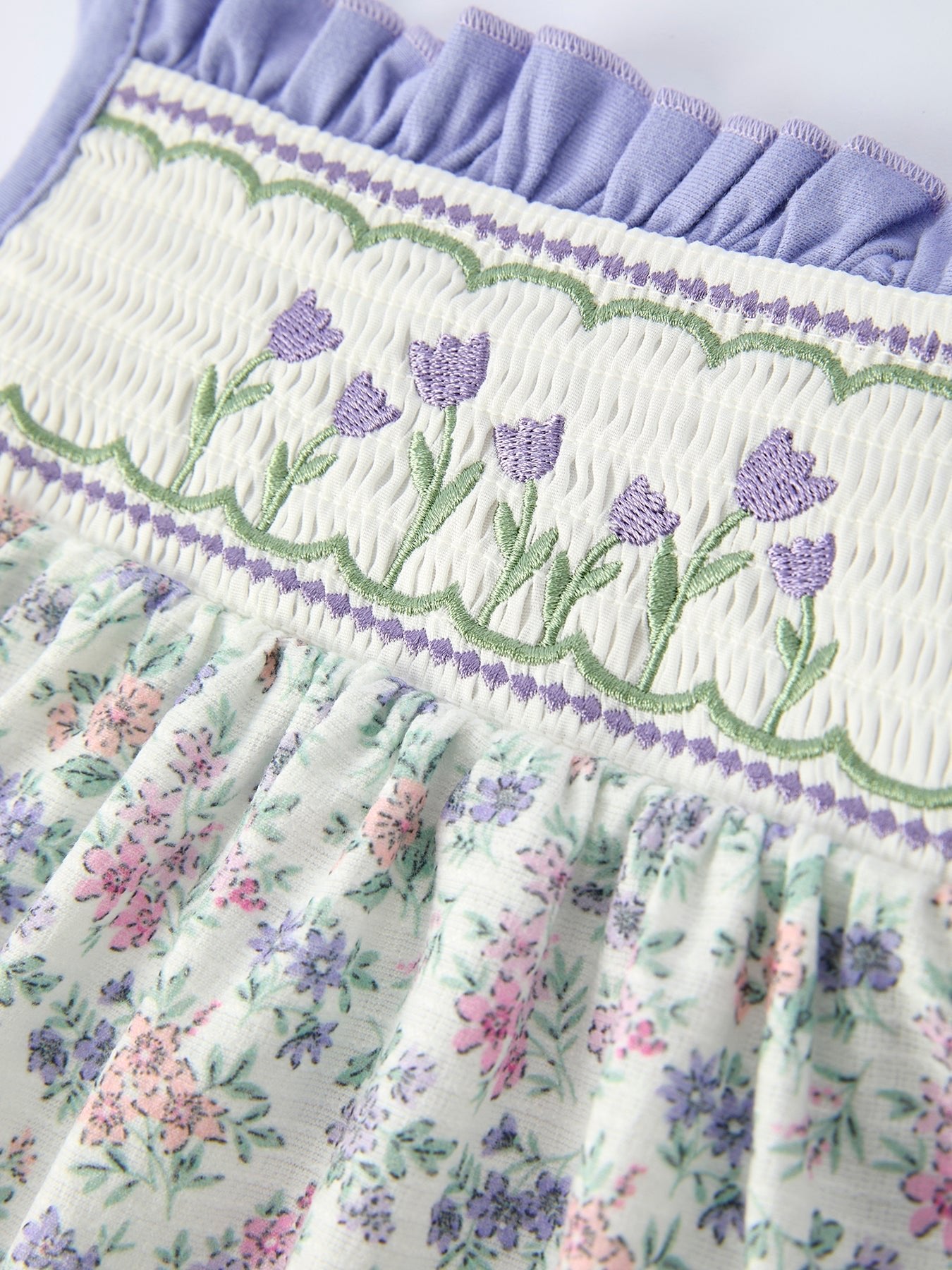 Spring Purple Floral Embroidered Smocked Bow Girl Dress - Abbies Place