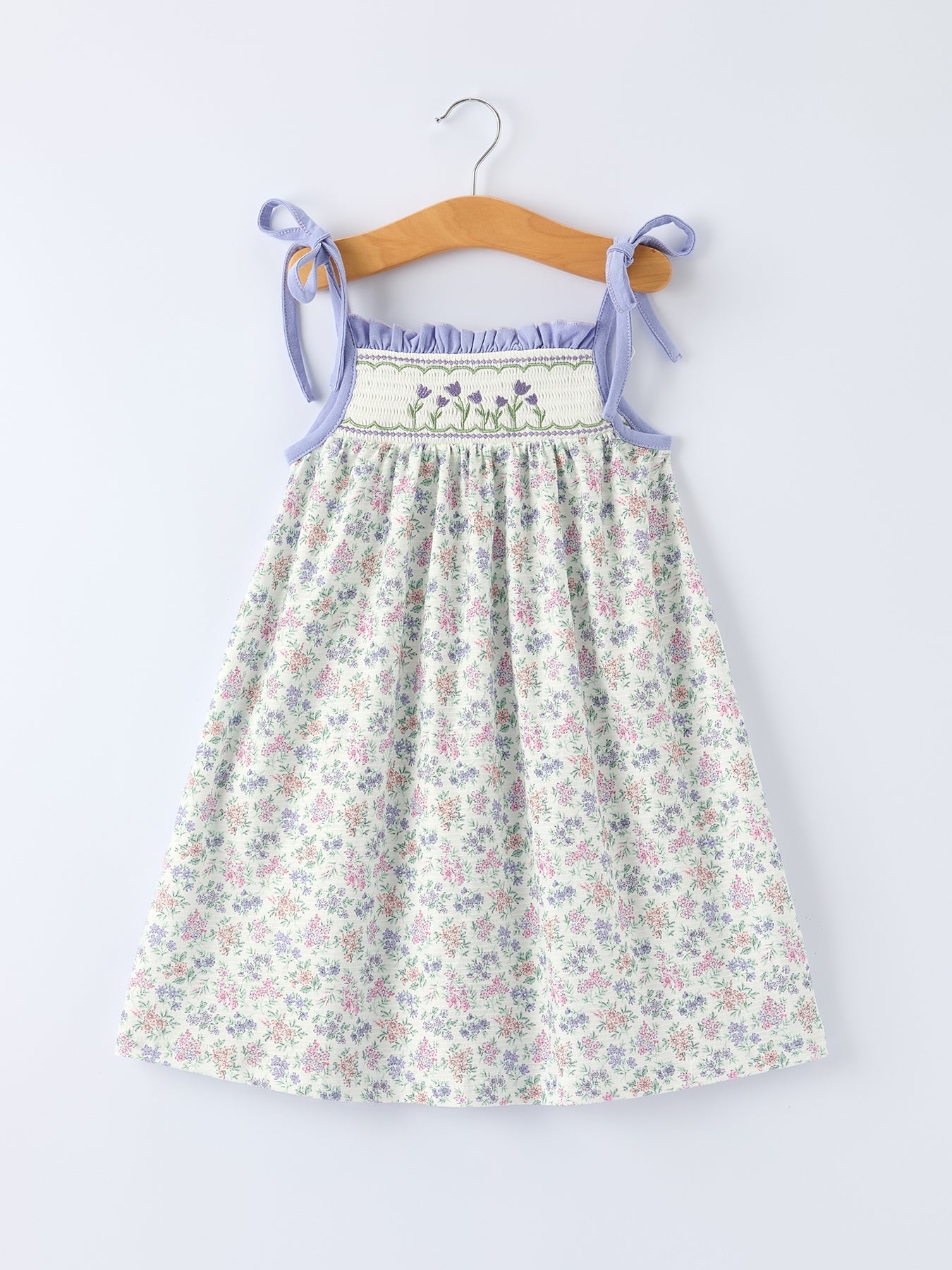 Spring Purple Floral Embroidered Smocked Bow Girl Dress - Abbies Place