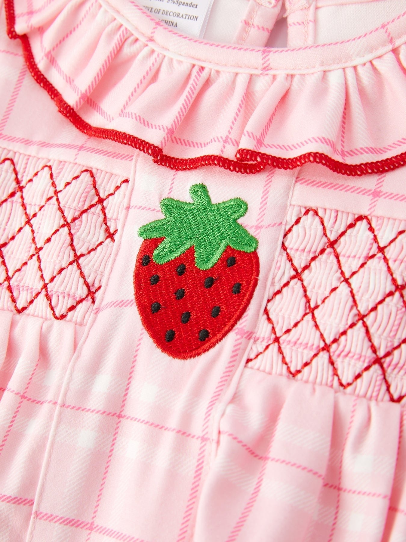 Strawberry Applique Flying Sleeves Plaid Girls' Romper - Abbies Place
