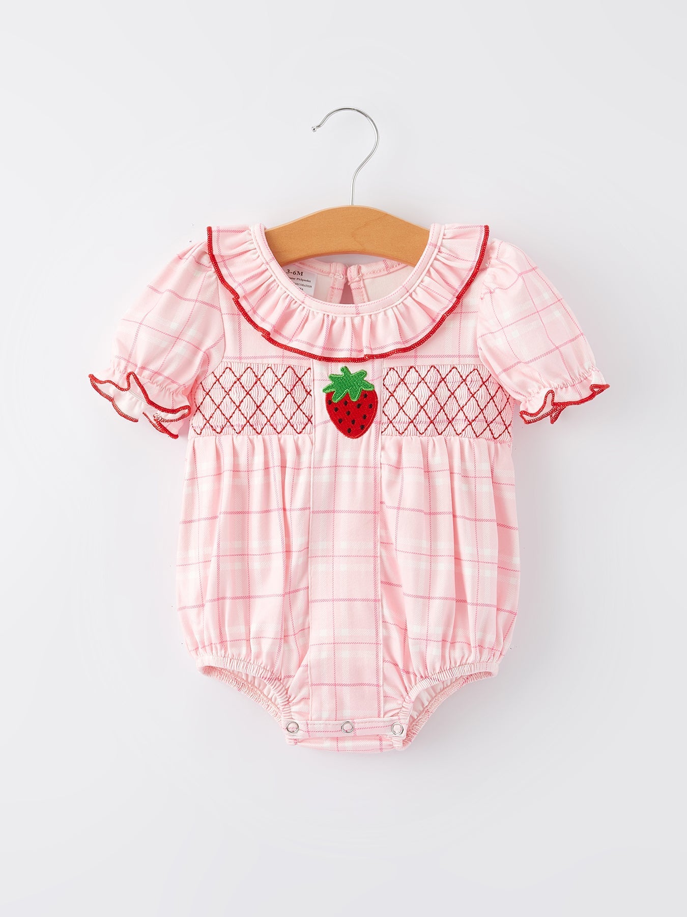Strawberry Applique Flying Sleeves Plaid Girls' Romper - Abbies Place