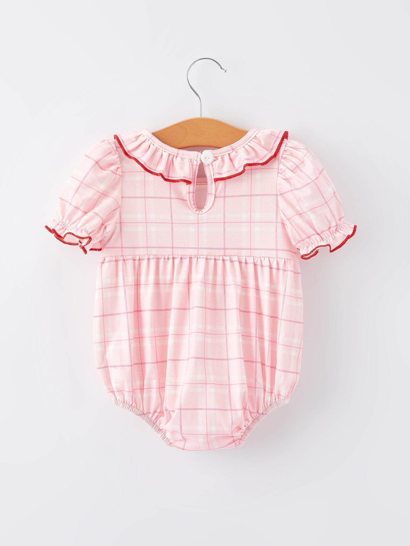 Strawberry Applique Flying Sleeves Plaid Girls' Romper - Abbies Place