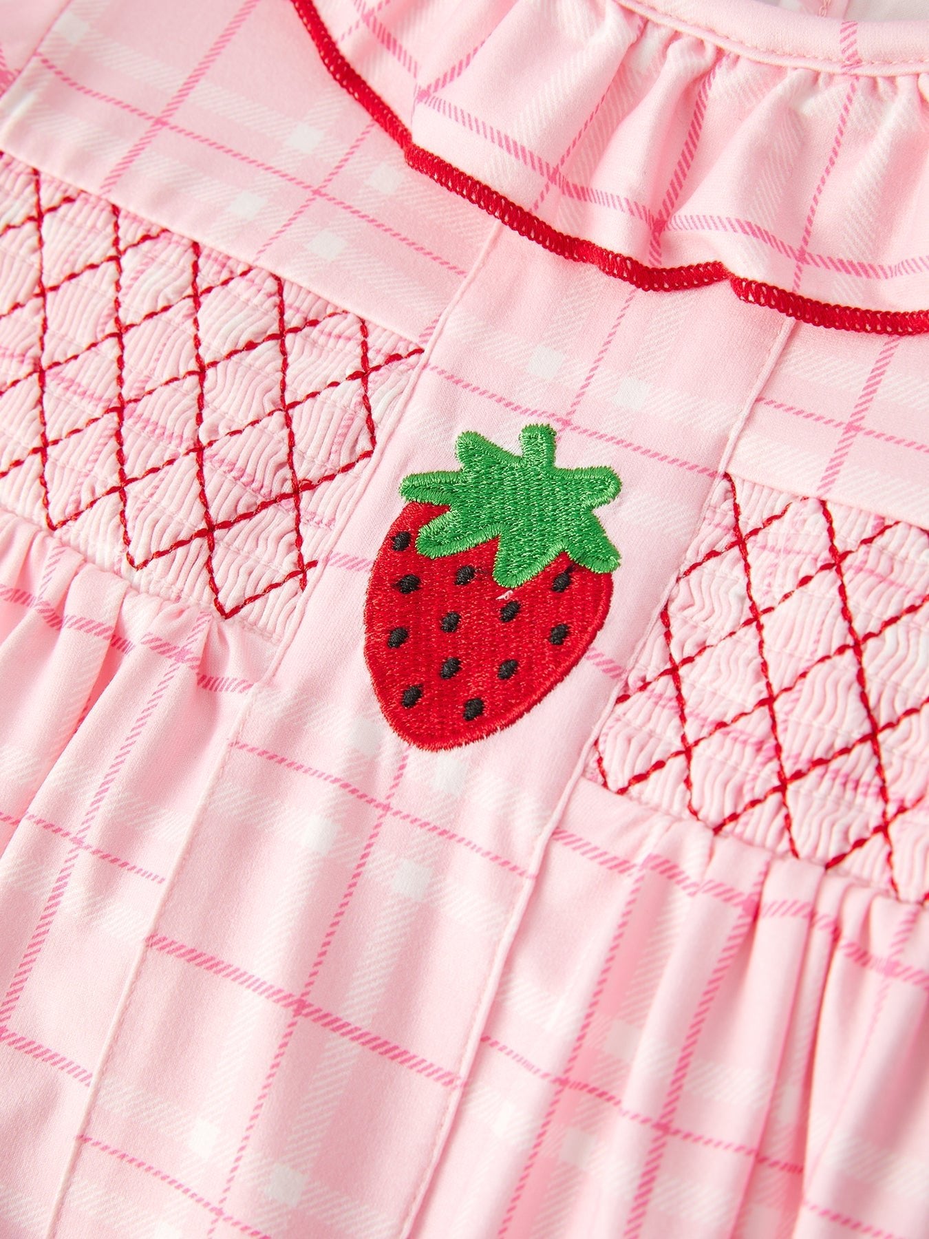 Strawberry Applique Girls Pink Plaid Dress - Abbies Place