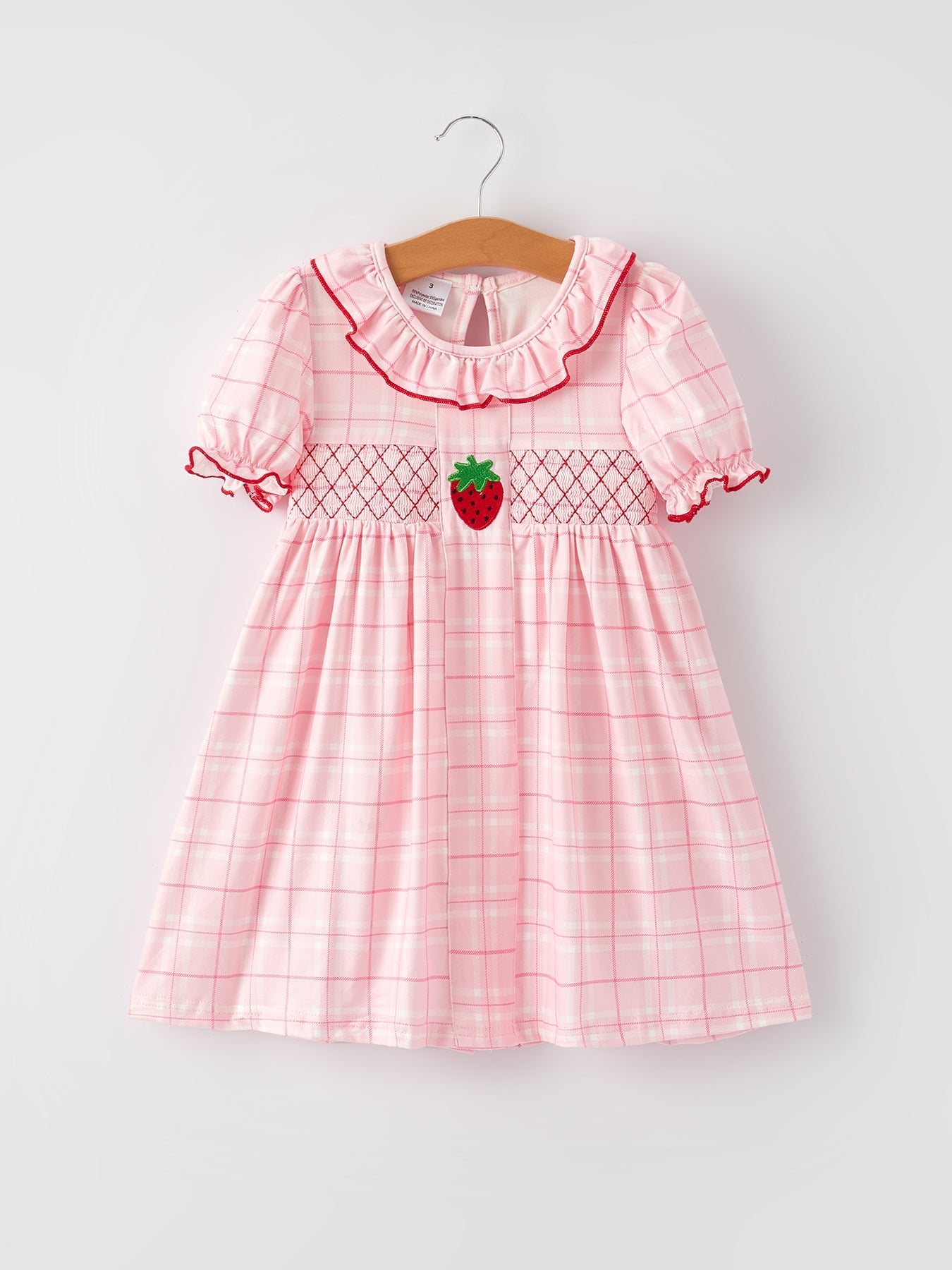 Strawberry Applique Girls Pink Plaid Dress - Abbies Place
