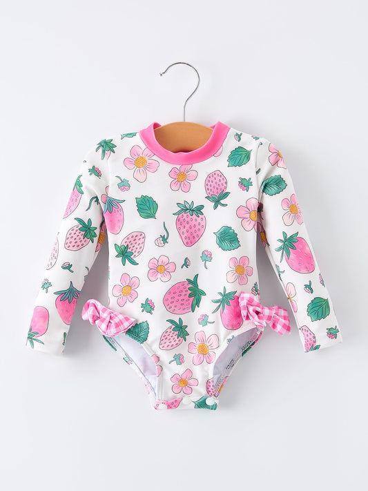 Strawberry Floral Print Long Sleeve Girls One Piece Swimsuit - Abbies Place