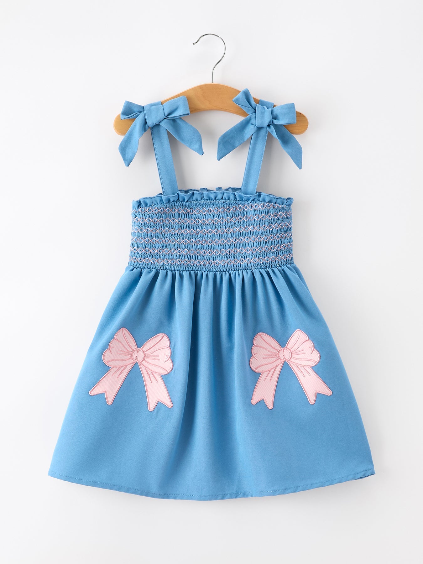 Summer Bow Girls Dress Smocked Strap Dress Bow Applique - Abbies Place