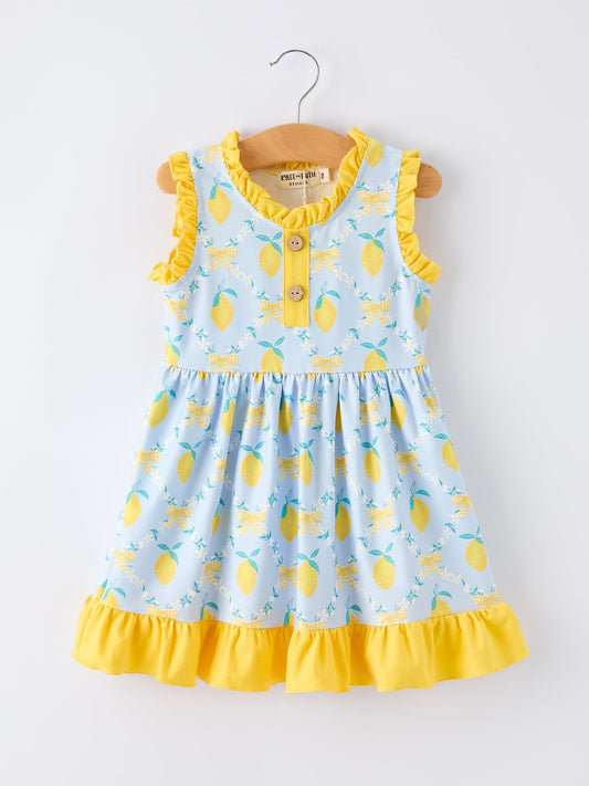 Summer Lemon Floral Print Girl Sleeveless Ruffle Dress - Abbies Place