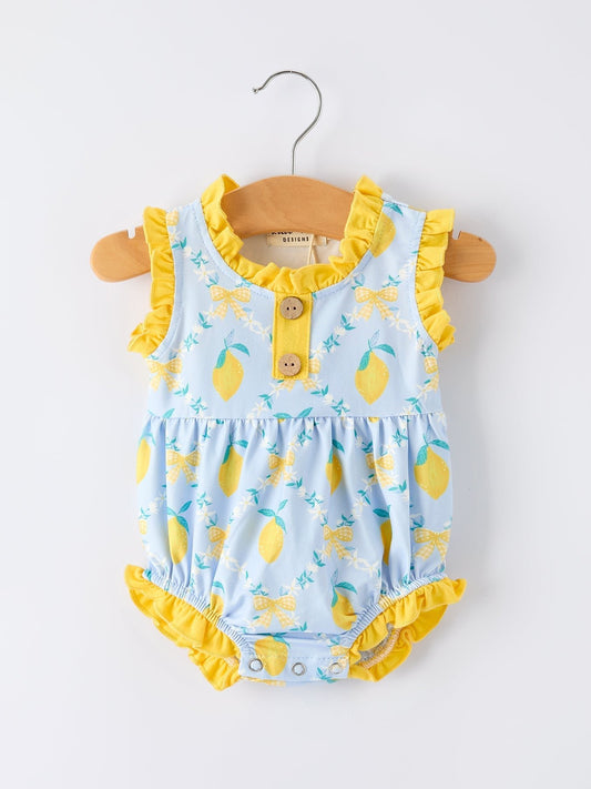 Summer Lemon Floral Print Girl Sleeveless Ruffle Romper - Abbies Place