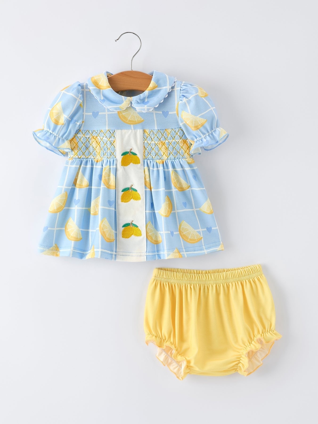 Summer Lemon Print Girls Puff Sleeve Bloomer Set - Abbies Place