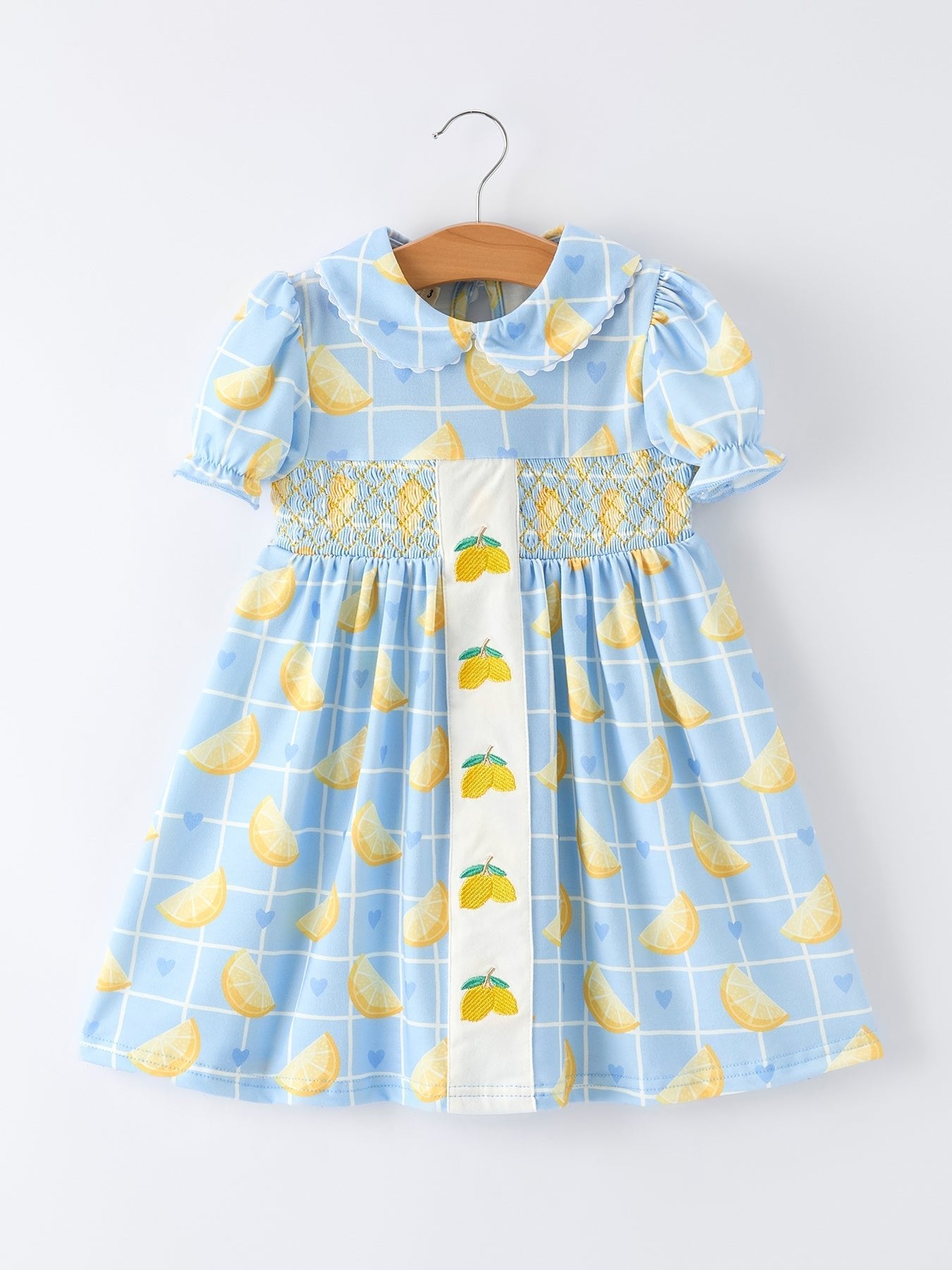 Summer Lemon Print Girls Puff Sleeve Dress - Abbies Place