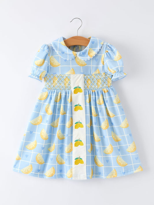 Summer Lemon Print Girls Puff Sleeve Dress - Abbies Place