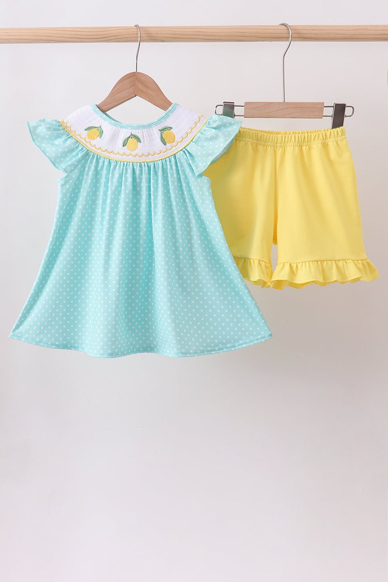 Summer lemon smocked ruffle shorts set - Abbies Place