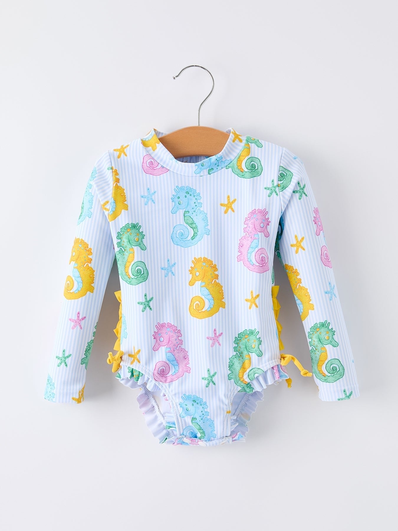 Summer Seahorse Print Girl Long Sleeve Ruffle One Piece Swimsuit - Abbies Place