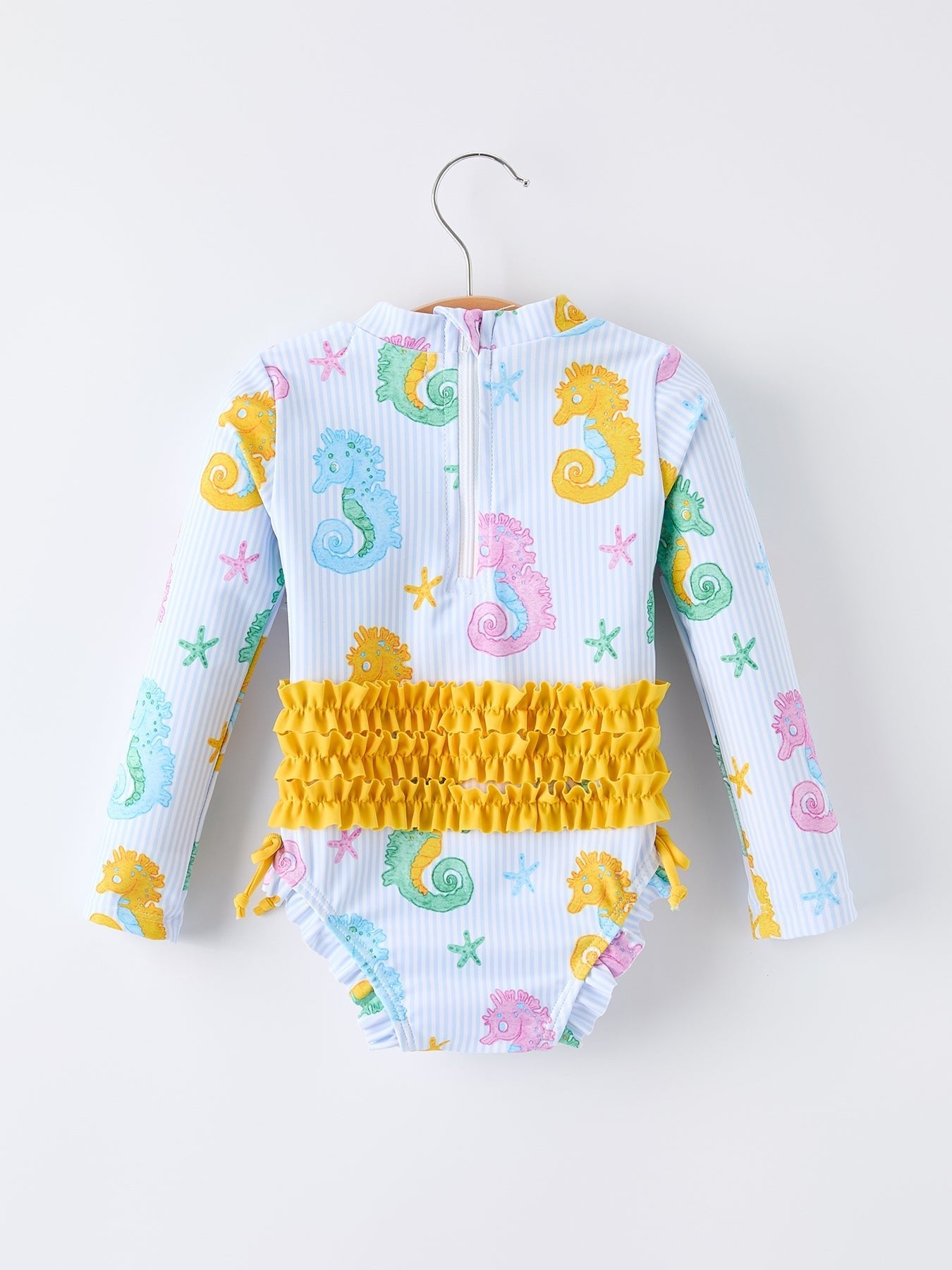 Summer Seahorse Print Girl Long Sleeve Ruffle One Piece Swimsuit - Abbies Place