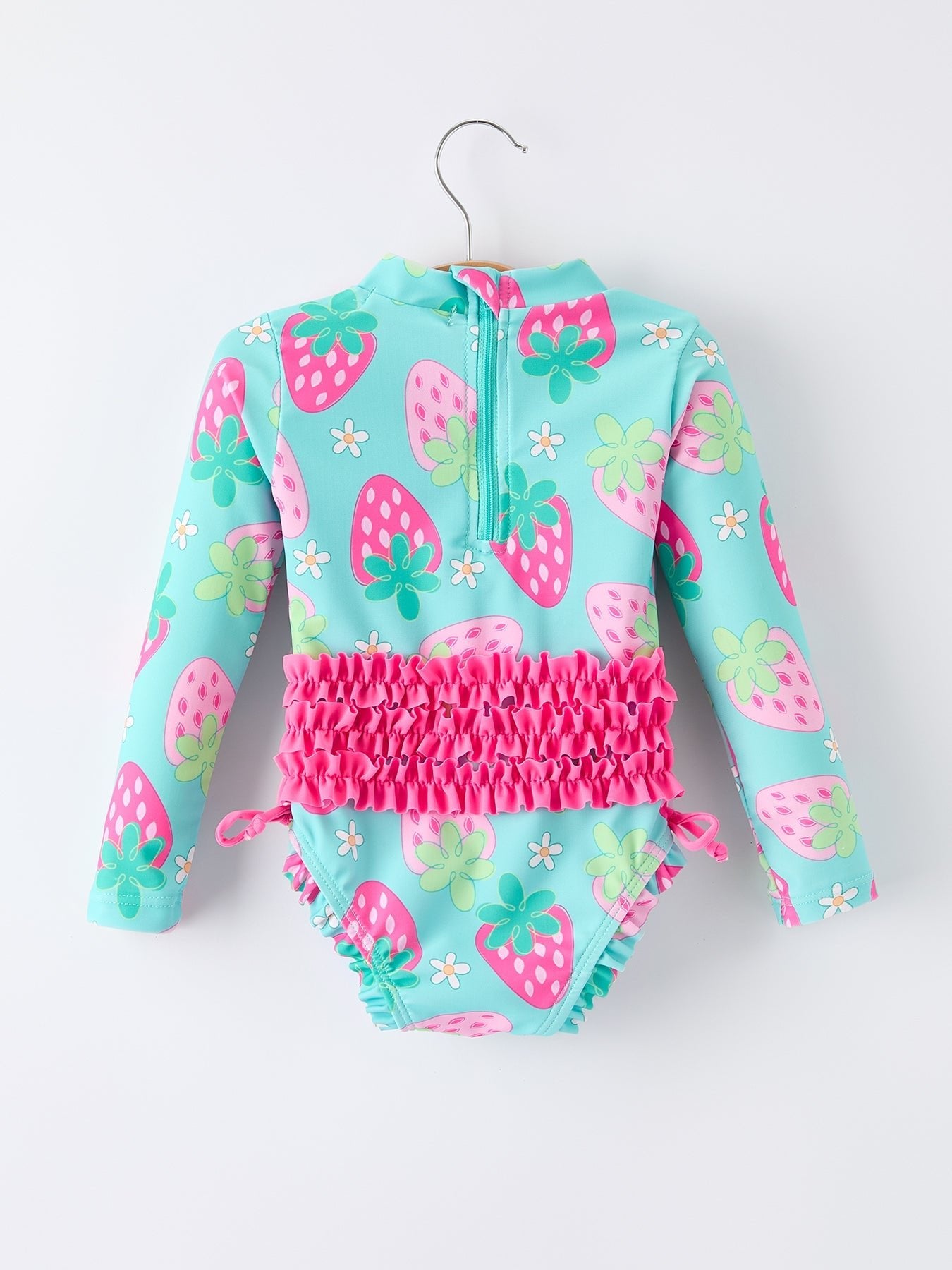 Summer Strawberry Print Girl Long Sleeve Ruffle One Piece Swimsuit - Abbies Place