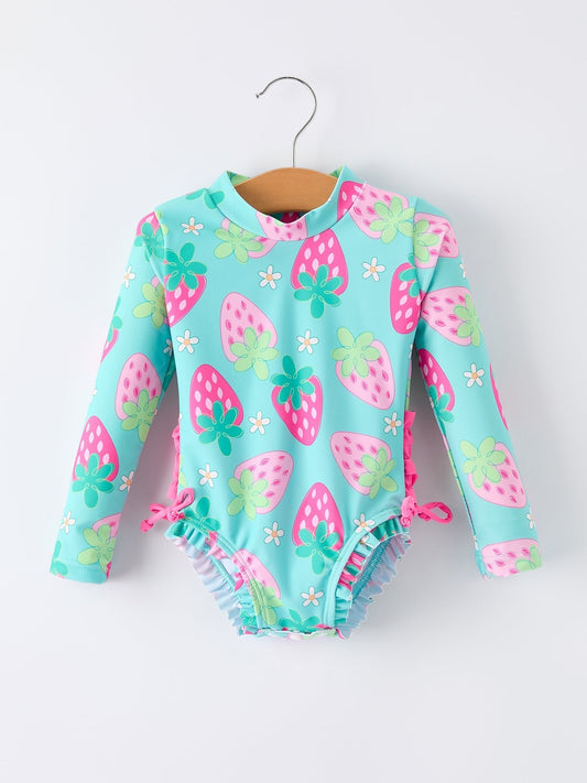 Summer Strawberry Print Girl Long Sleeve Ruffle One Piece Swimsuit - Abbies Place