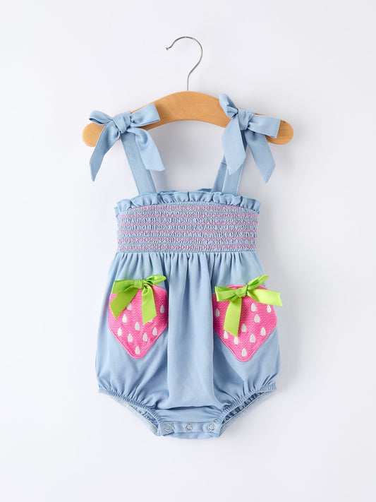 Summer Strawberry Smocked Applique Girl Romper - Abbies Place