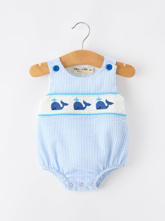 Summer Whale Embroidery Baby Boys Jonjon Stripe Romper - Abbies Place
