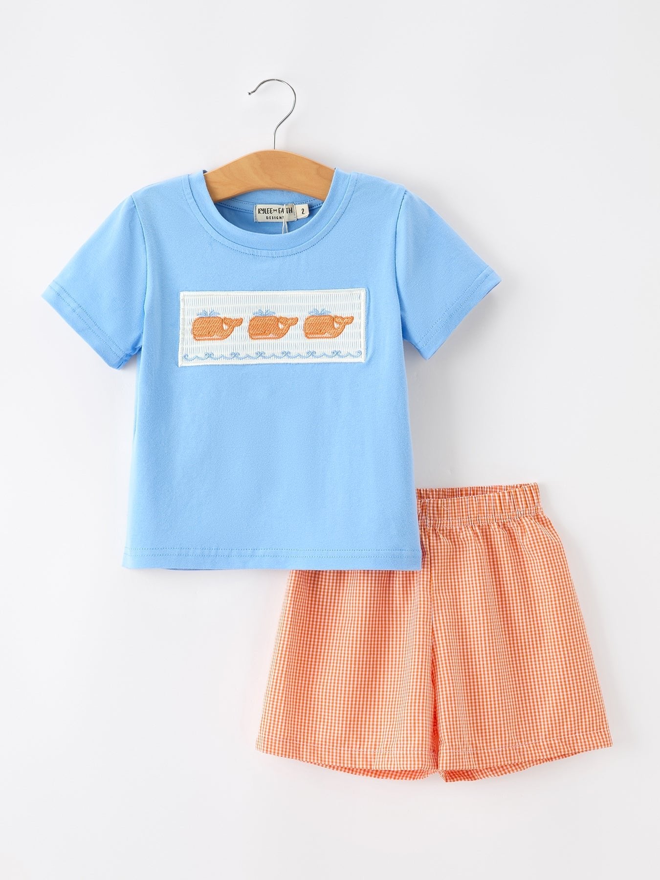 Summer Whale Embroidery Boys Set T Shirt Plaid Shorts Outfit - Abbies Place