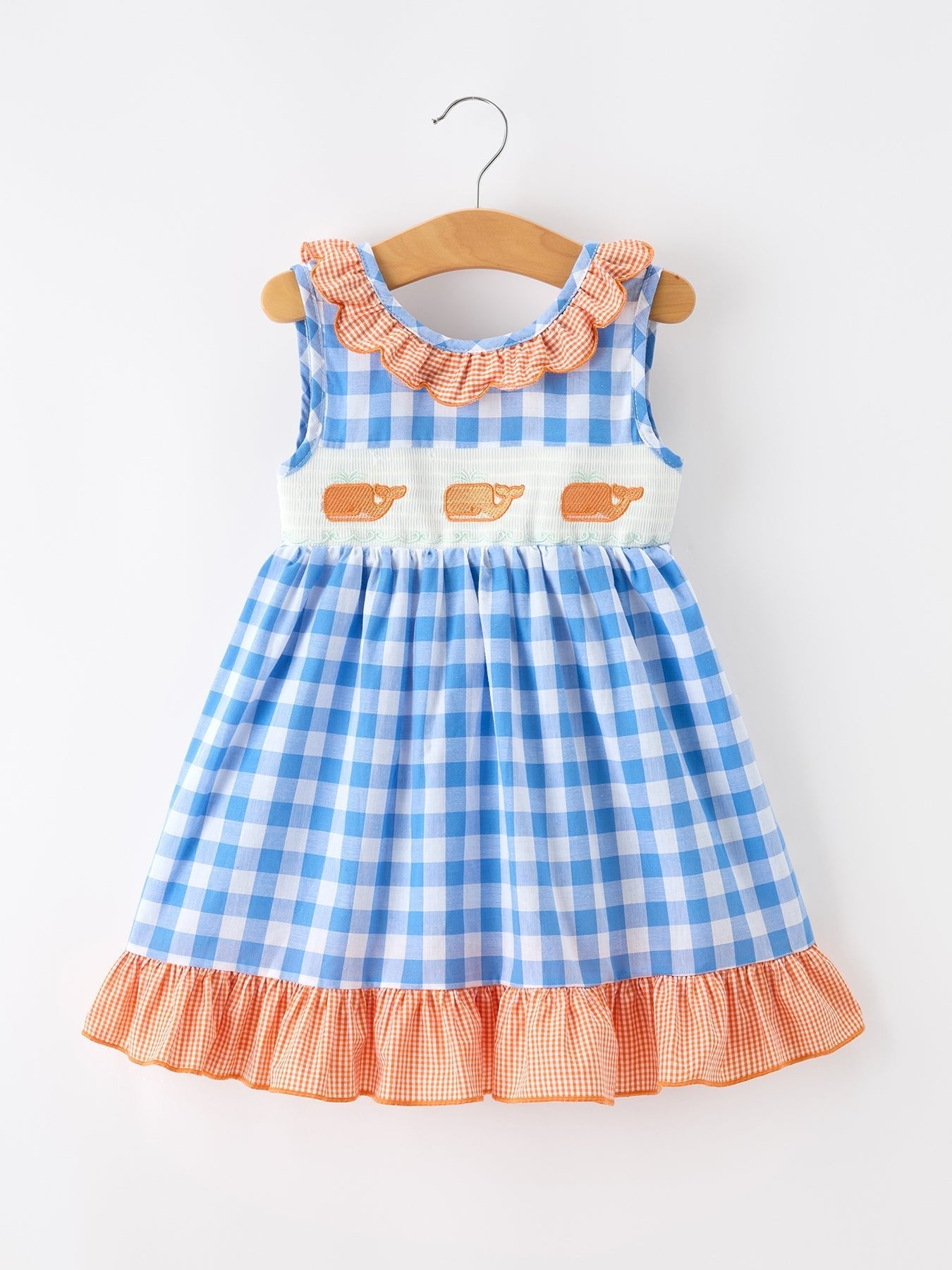 Summer Whale Embroidery Girls Dress Plaid Ruffle Collar - Abbies Place