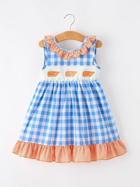 Summer Whale Embroidery Girls Dress Plaid Ruffle Collar - Abbies Place