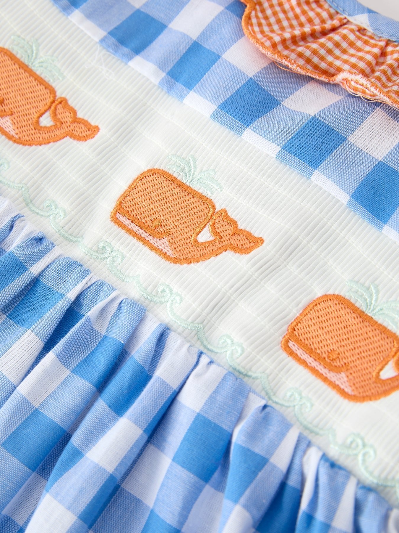 Summer Whale Embroidery Girls Dress Plaid Ruffle Collar - Abbies Place