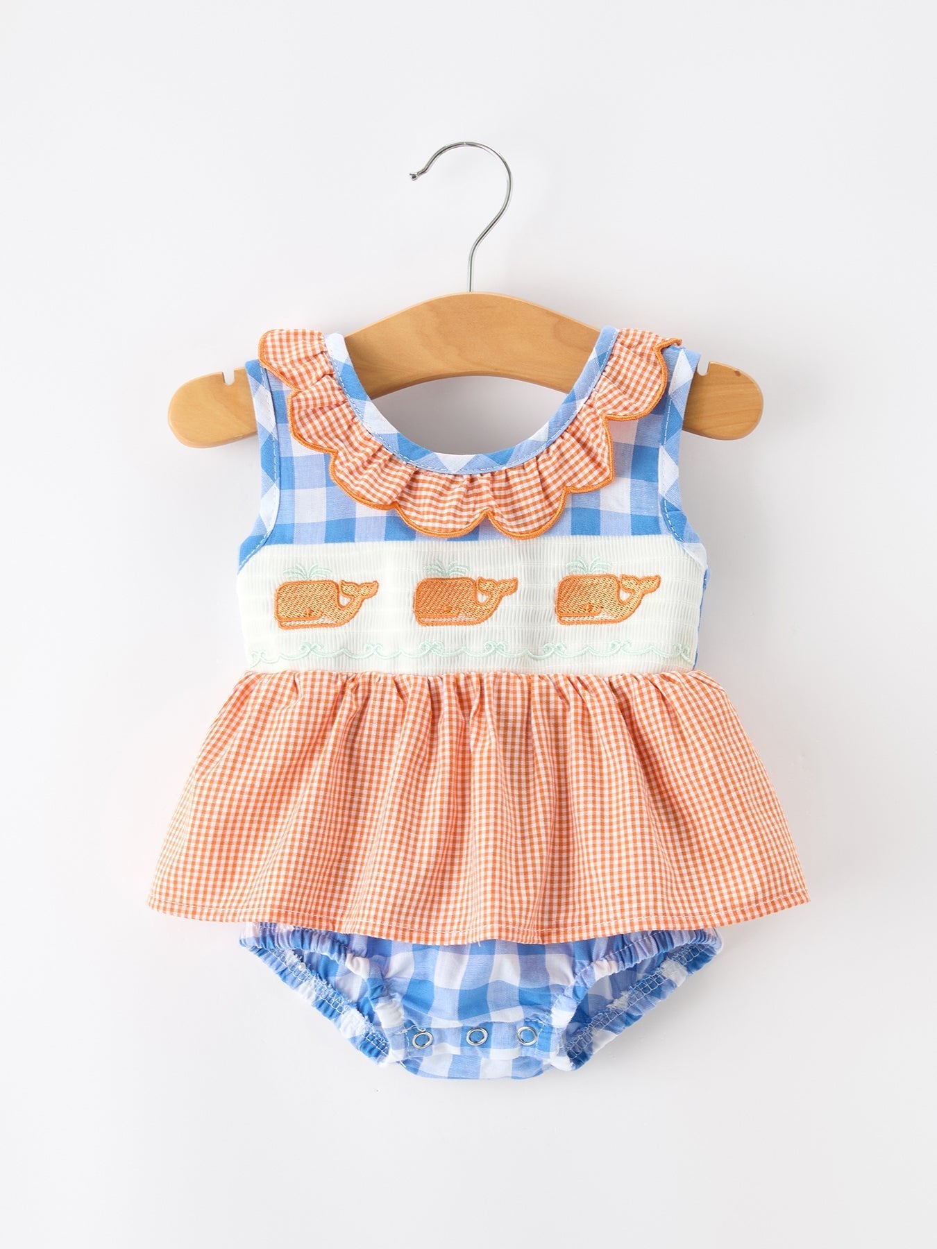 Summer Whale Embroidery Girls Romper Plaid Ruffle Collar - Abbies Place