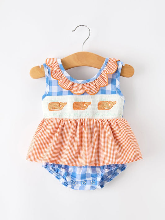 Summer Whale Embroidery Girls Romper Plaid Ruffle Collar - Abbies Place