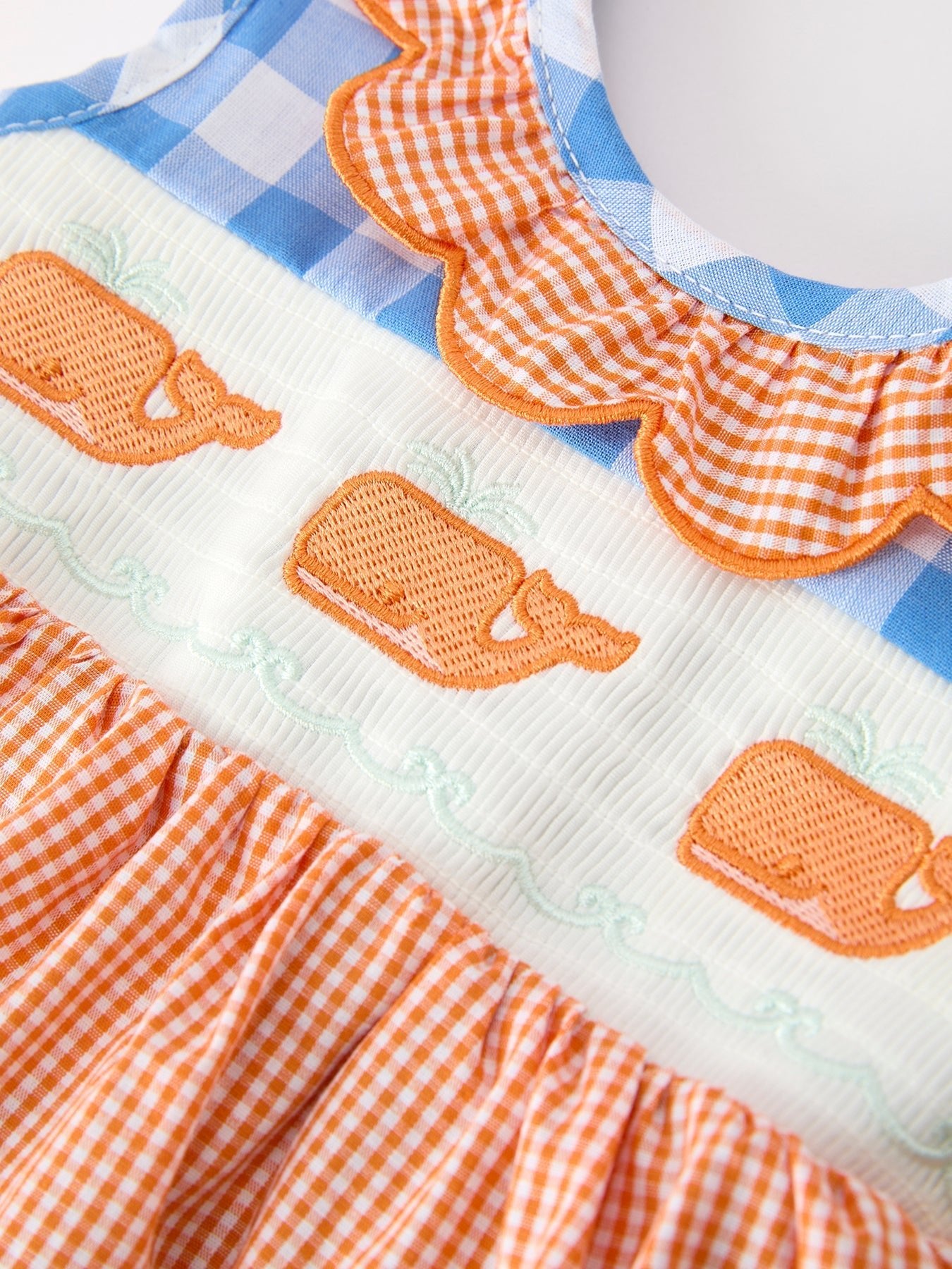 Summer Whale Embroidery Girls Romper Plaid Ruffle Collar - Abbies Place