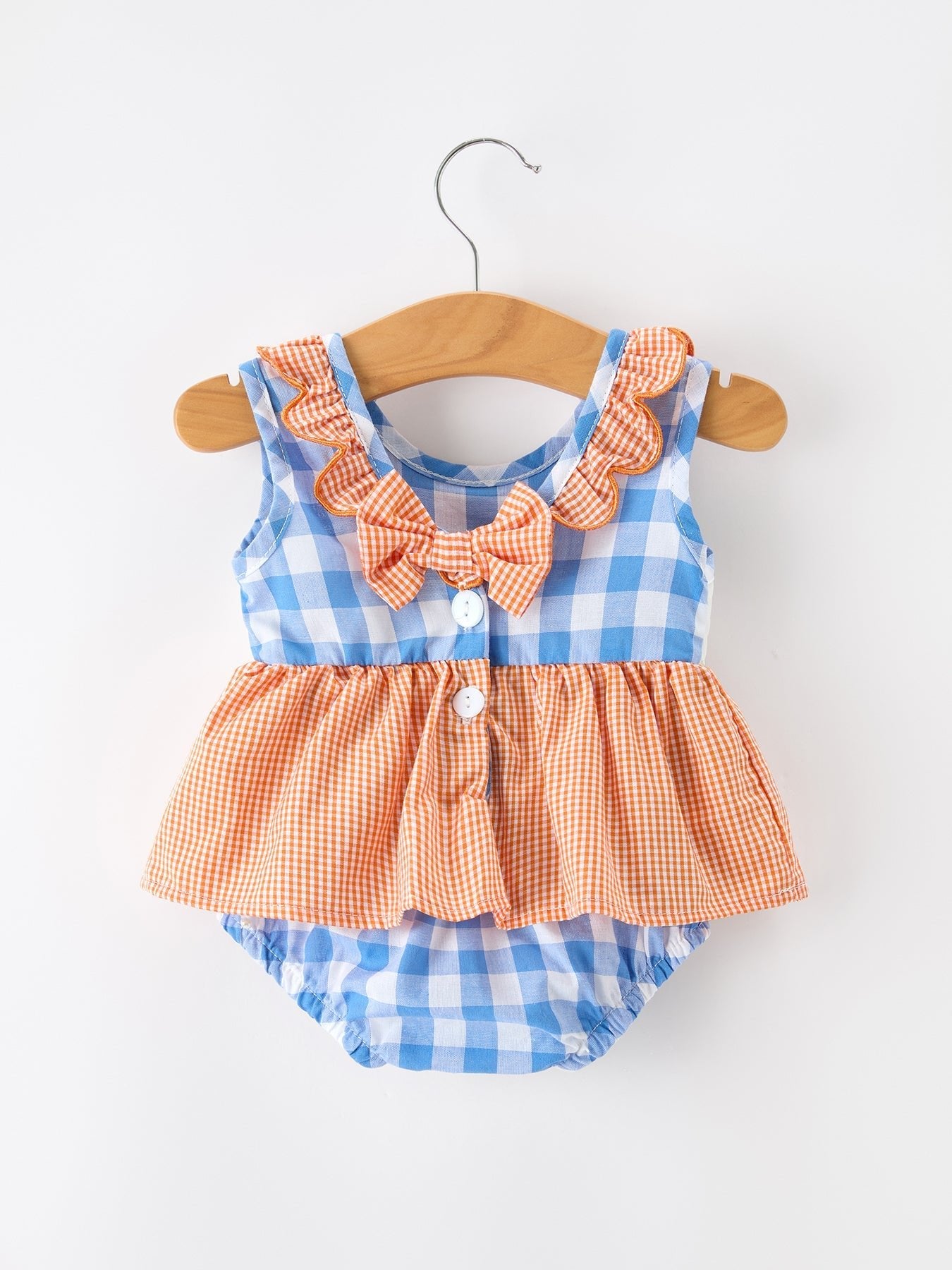 Summer Whale Embroidery Girls Romper Plaid Ruffle Collar - Abbies Place
