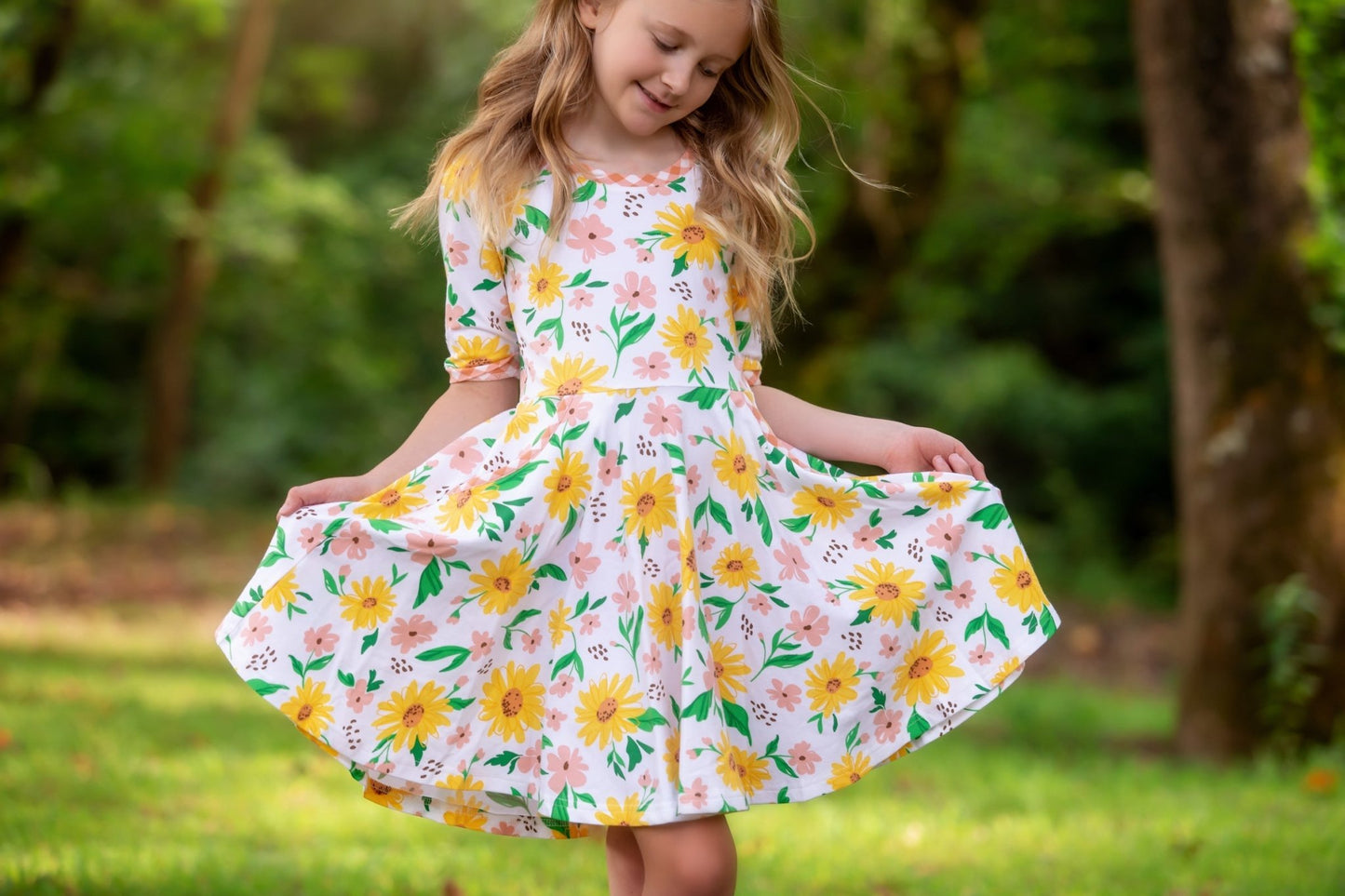 Sunflower Evenings Floral Print Knit Swing Dress with Pockets - Abbies Place