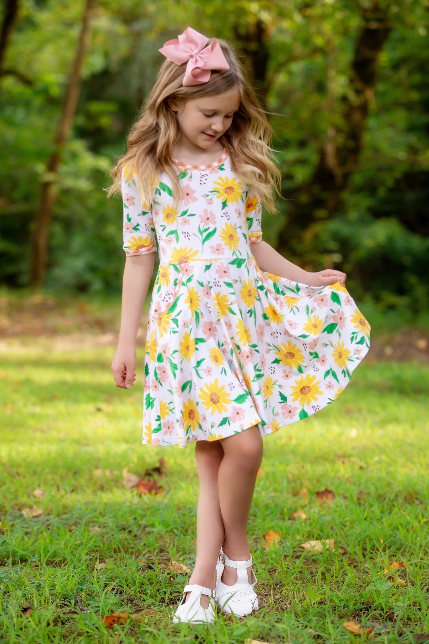 Sunflower Evenings Floral Print Knit Swing Dress with Pockets - Abbies Place