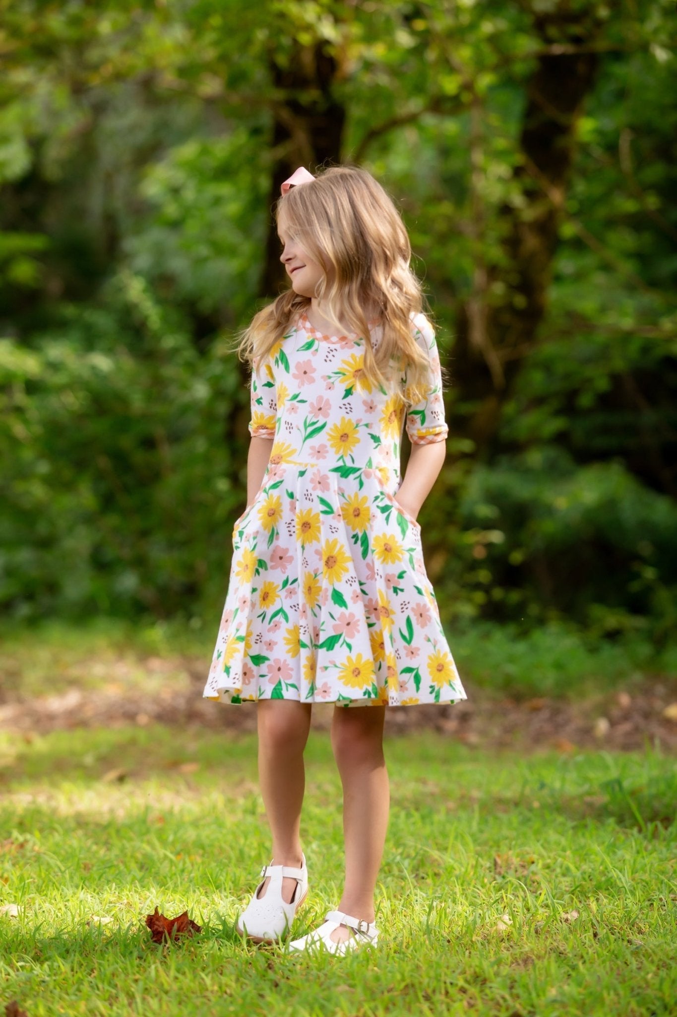 Sunflower Evenings Floral Print Knit Swing Dress with Pockets - Abbies Place