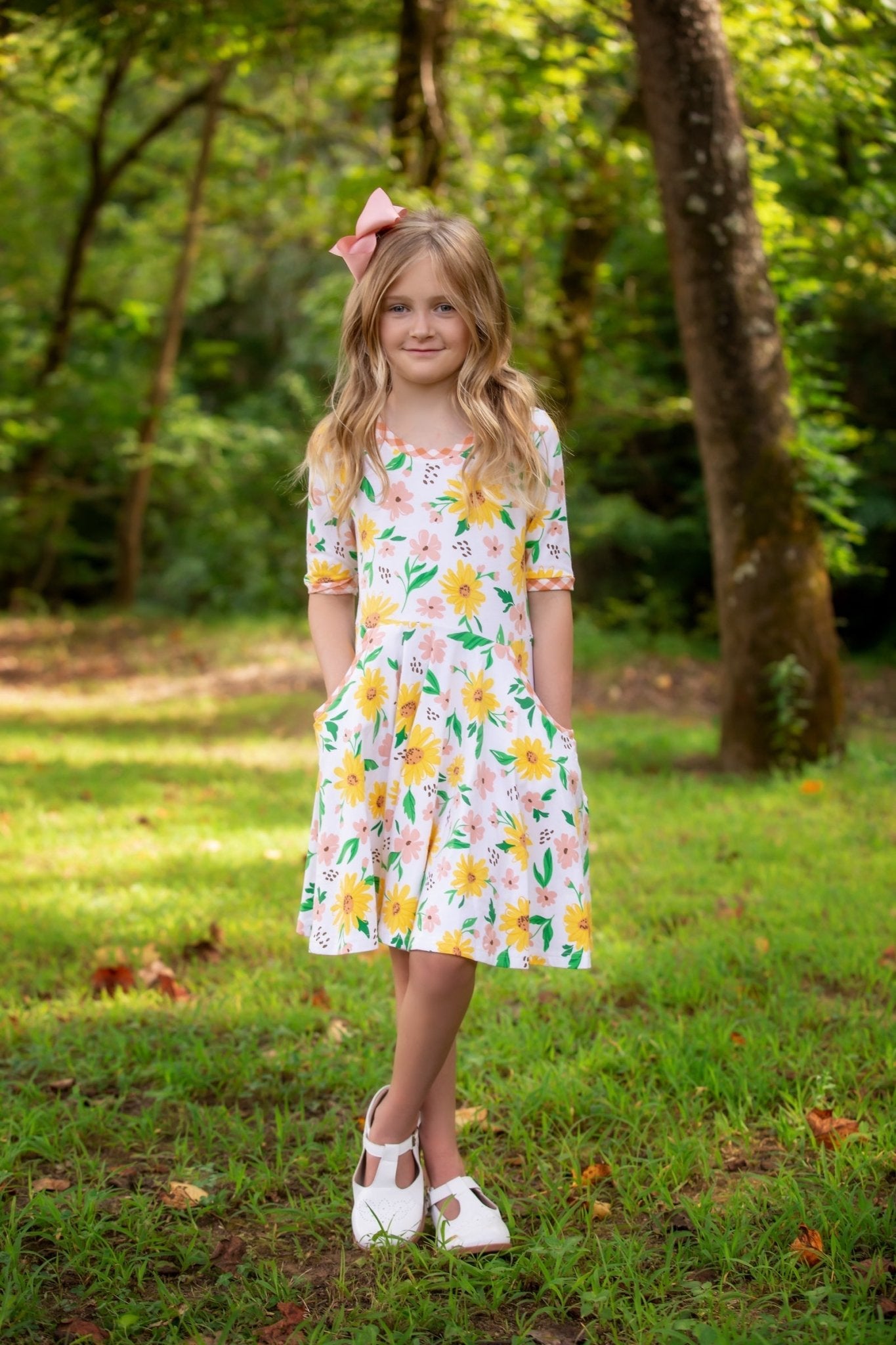 Sunflower Evenings Floral Print Knit Swing Dress with Pockets - Abbies Place