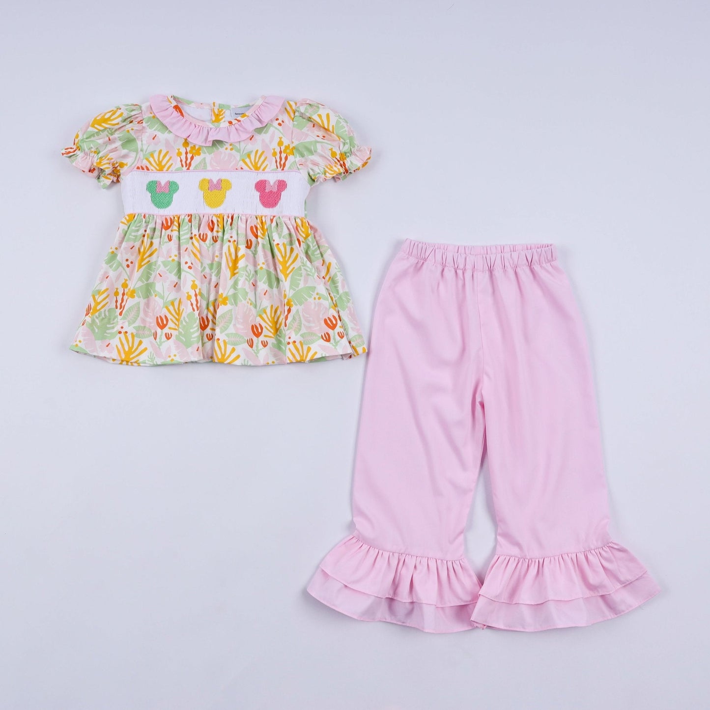 Sweet island character hand smocked ruffle pants set - Abbies Place
