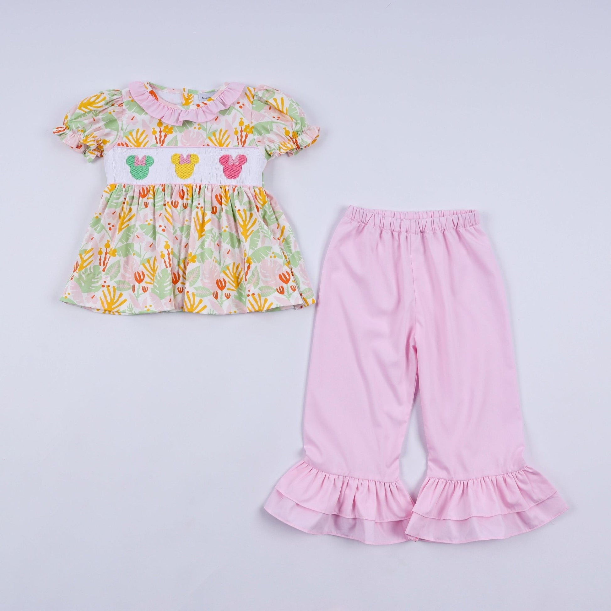 Sweet island character hand smocked ruffle pants set - Abbies Place