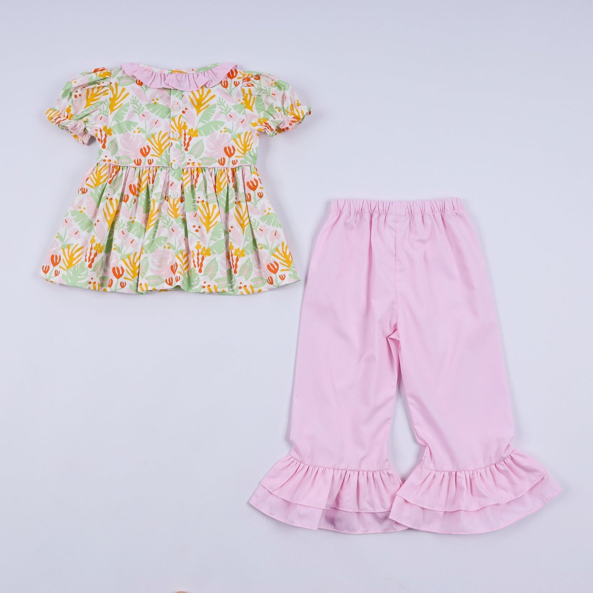 Sweet island character hand smocked ruffle pants set - Abbies Place
